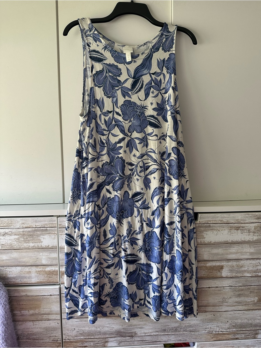 💙 H&M Floral Sleeveless Swing Dress Medium Blue White Viscose